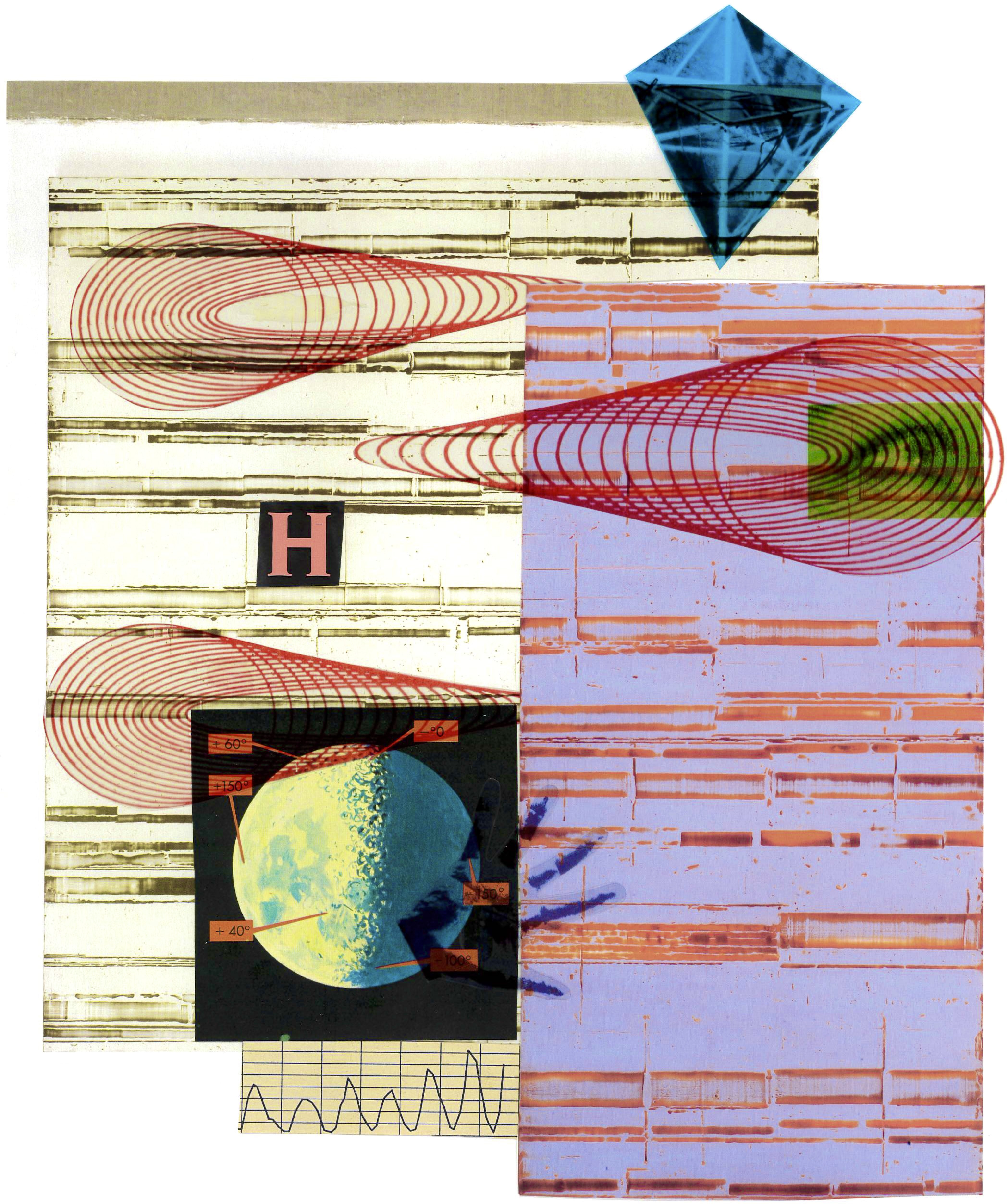 The image shows a collage made up of various cut-out graphics. Recognisable elements include eyes, abstract shapes, the letter H, a planet and a hand scan. The dominant colours are lilac, light yellow, red and orange, with green and blue accents.