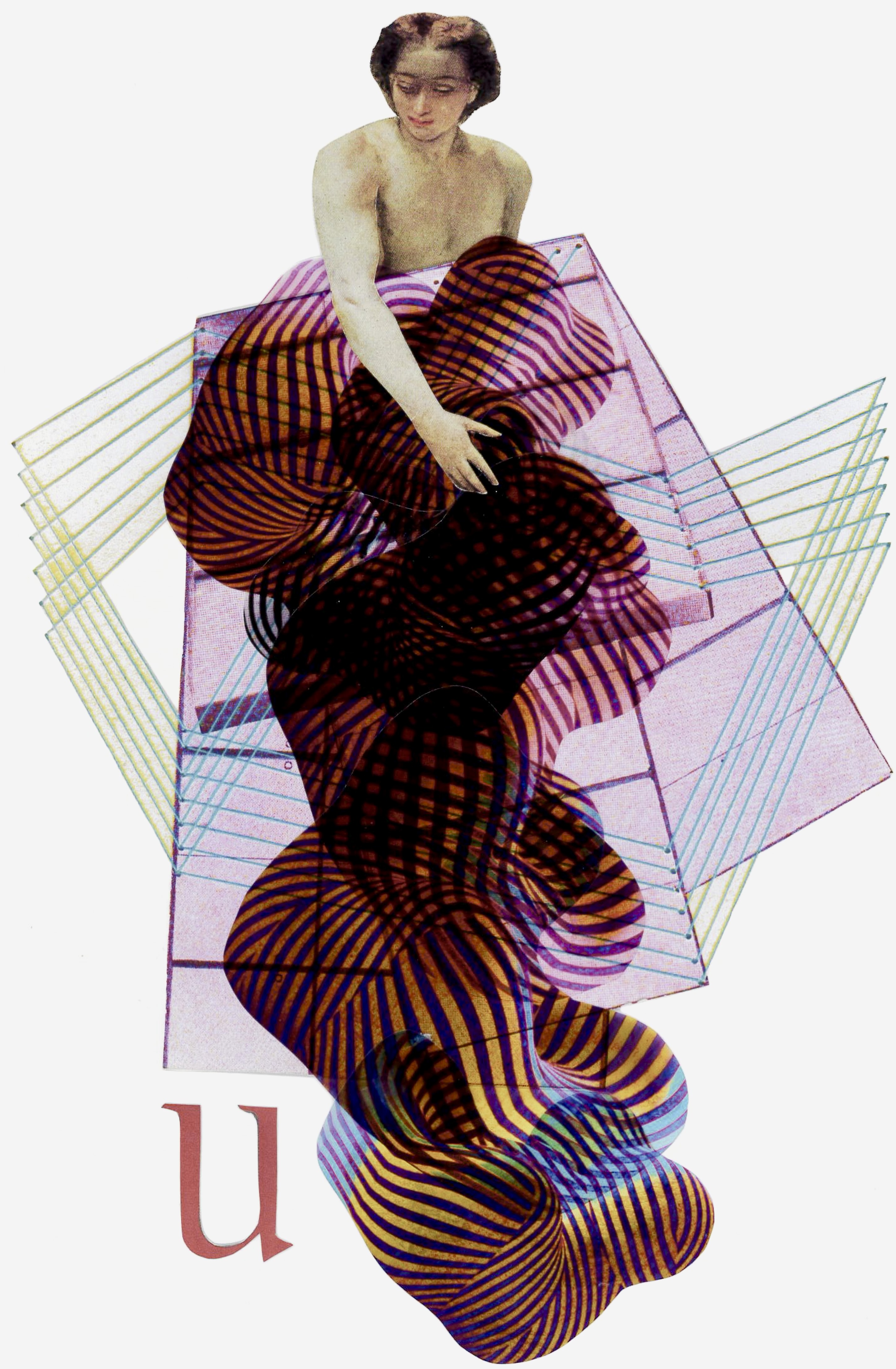 The image shows an abstract collage of geographical shapes that have been cut out and reassembled. A naked figure is seen reaching down and covering the shapes with their hands. The letter U can be seen at the bottom left. The dominant colours are lilac, blue, and green.