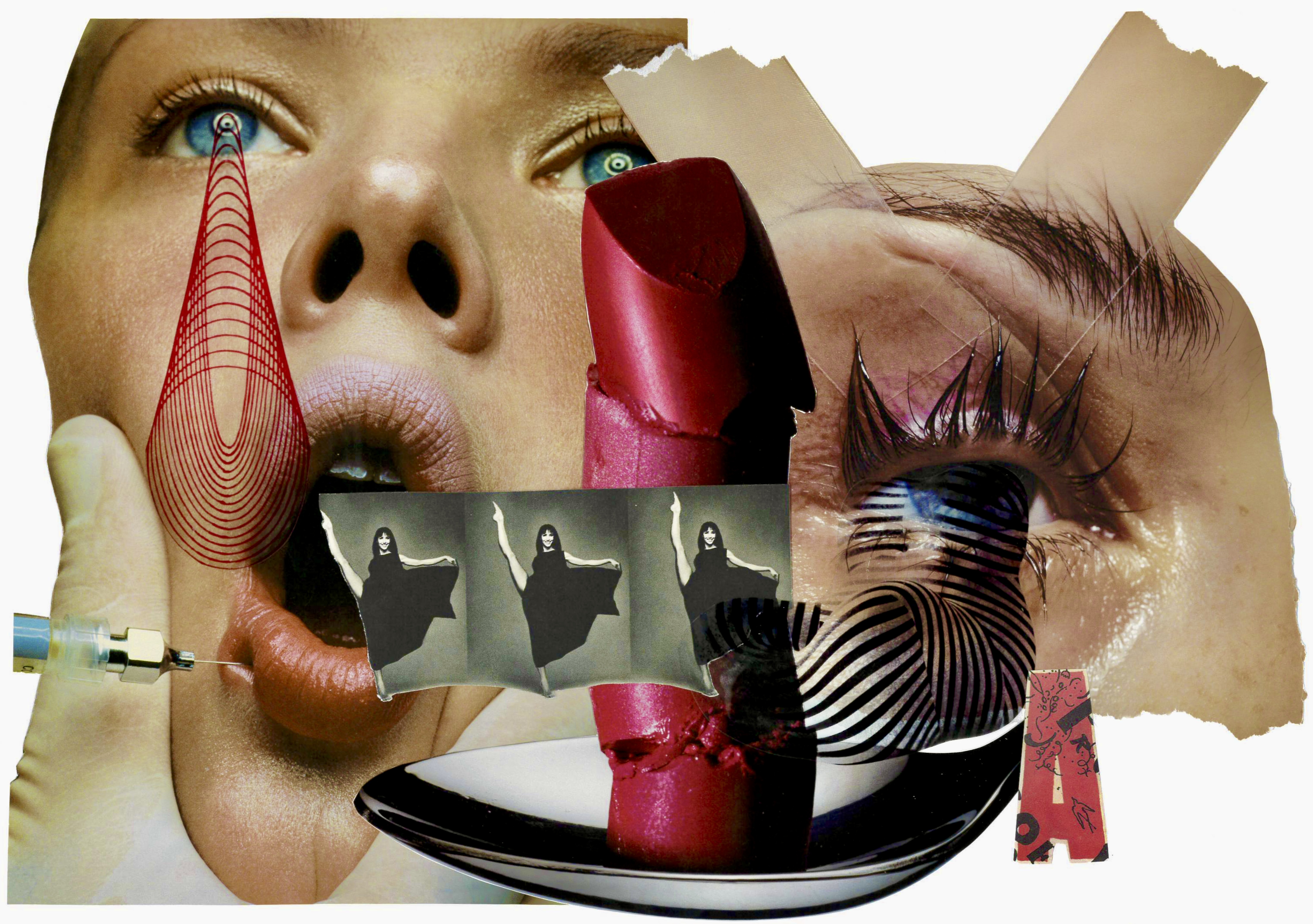 The image shows a close-up of a woman's face, with an eye distorted by adhesive tape visible in the background. The woman's lip is punctured by a needle. In the centre is a broken red lipstick on a spoon. In front of this is a series of three images of the same dancer. To the right of the spoon is the letter A, and abstract shapes emerge from the eyes. The dominant colours are red, blue, and light skin tones.