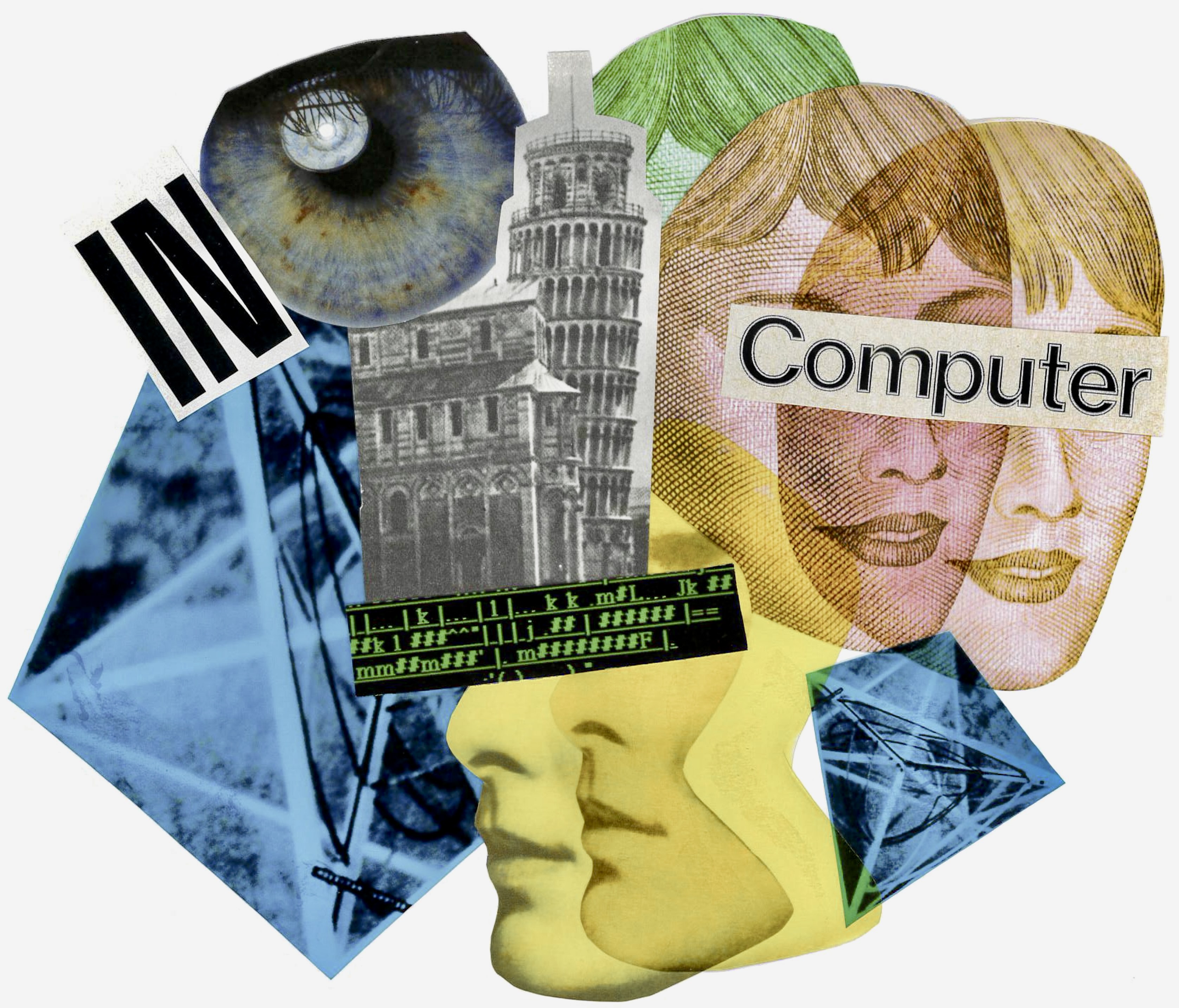 The image shows a collage made up of various cut-out graphics. Blurred faces, an iris and pupil, the Leaning Tower of Pisa, the word 'computer' covering the eyes, the word 'in' and some abstract shapes can be seen. The dominant colours are blue, light yellow and black, with white shades.