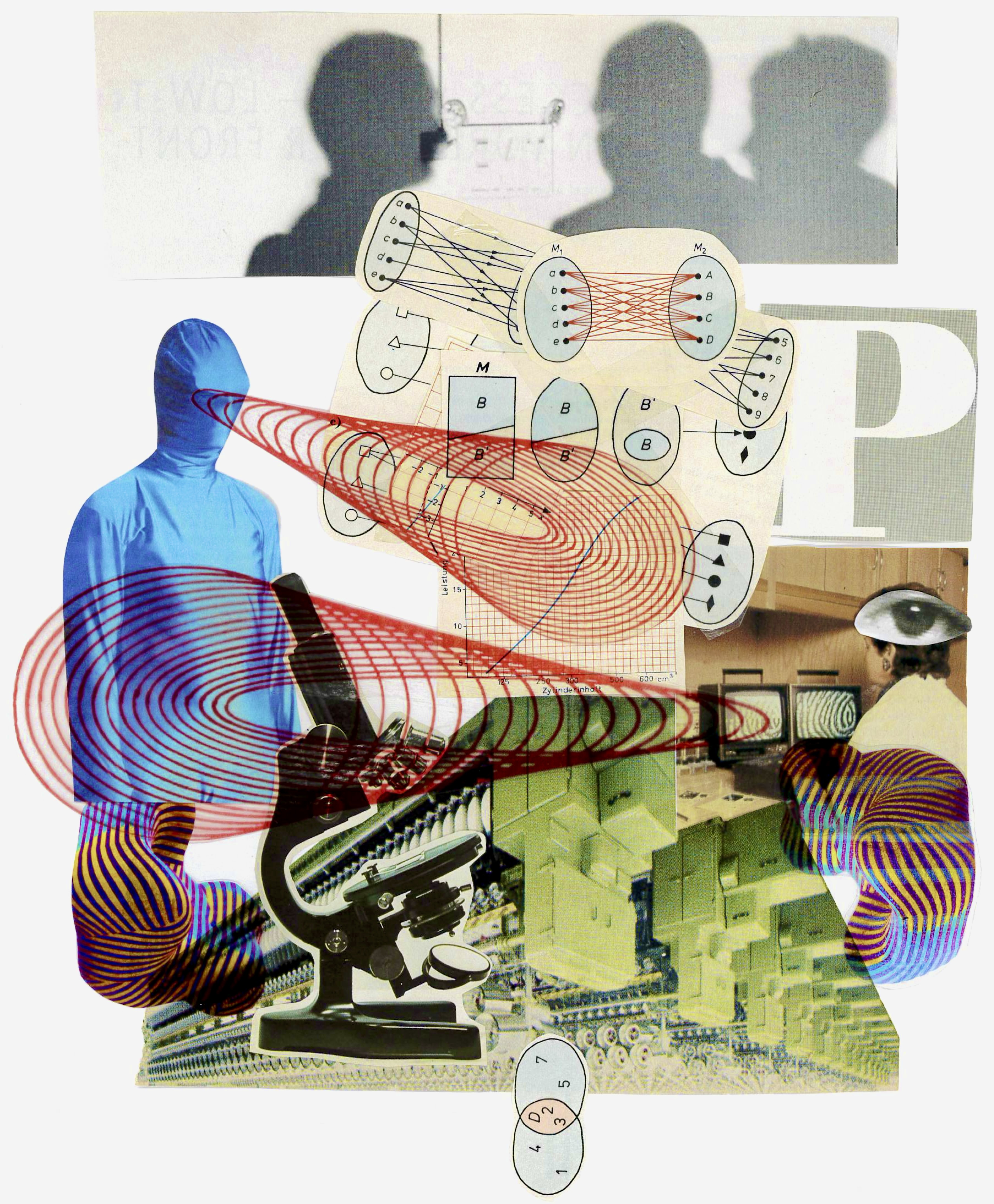 Die Abbildungs zeigt verschiedene Grafiken, die ausgeschnitten und neu zu einer Collage zusammengefügt wurden. Erkennbar sind Schattenwürfe von drei Personen, ein Mensch in einem ihn vollständig bedeckenden Anzug, ein einzelnes Auge, ein Mensch im Kittel an einem alten Computer, ein Mikroskop, Verbildlichungen von Forschungserkenntnissen, eine Produktionshalle, der Buchstabe P. Farblich dominant sind Beige, Grau und grünliche Töne, Blau und rote Akzente.