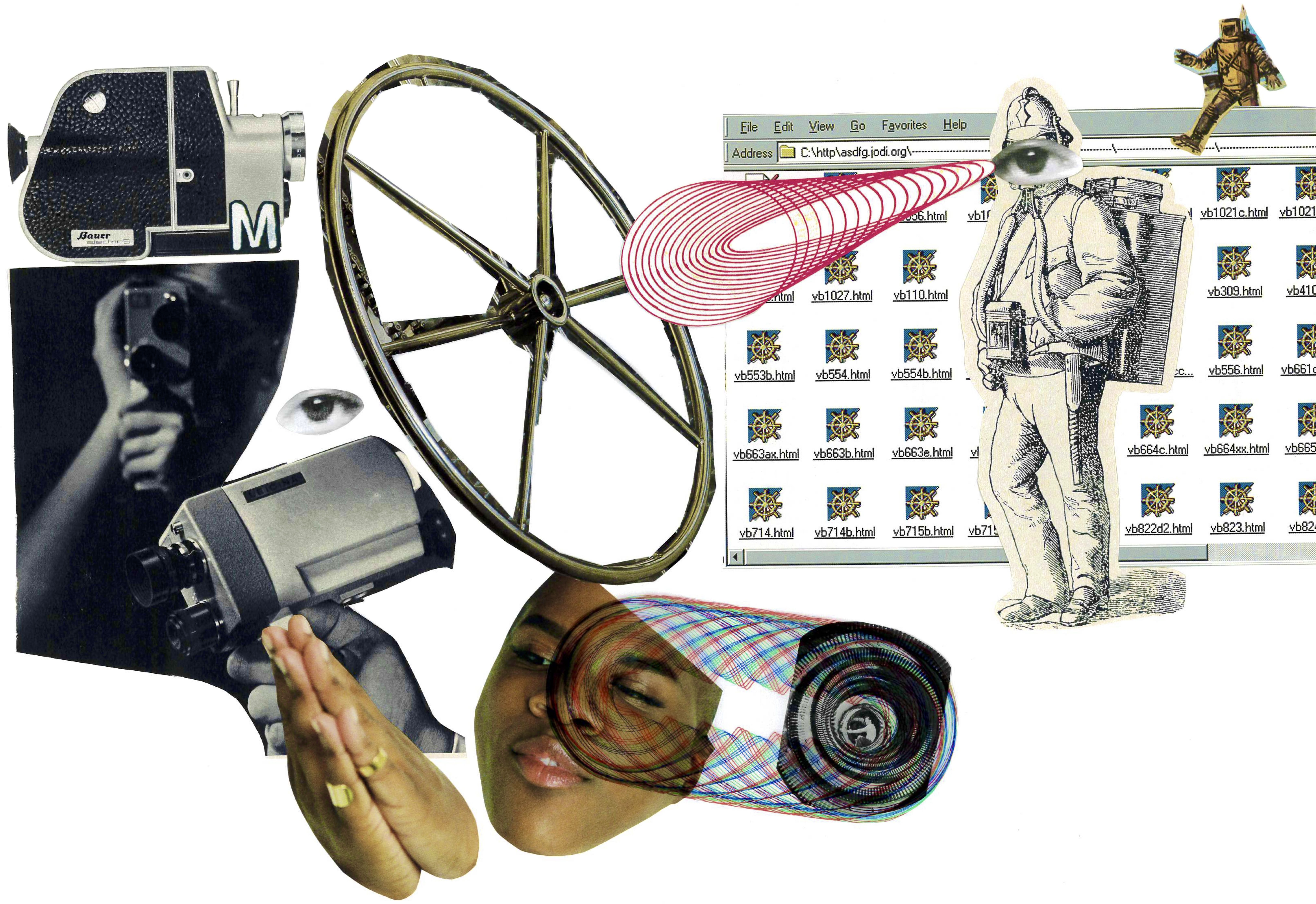 Die Abbildung zeigt verschiedene ausgeschnittene Elemente, die zu einer Collage zusammengefügt wurden. Erkennbar sind alte Filmapparate, ein Rad von einem Pferdewagen, ein einzelnes Auge, zusammengefaltete Hände, das Gesciht einer Frau, die ein Auge geschlossen hält. Weiter rechts ist eine Zeichnung eines Entdeckers zu sehen, dessen Gesicht mit einem Auge verdeckt ist und der vor einer Dateisammlung auf einem Computerbildschirm steht.
