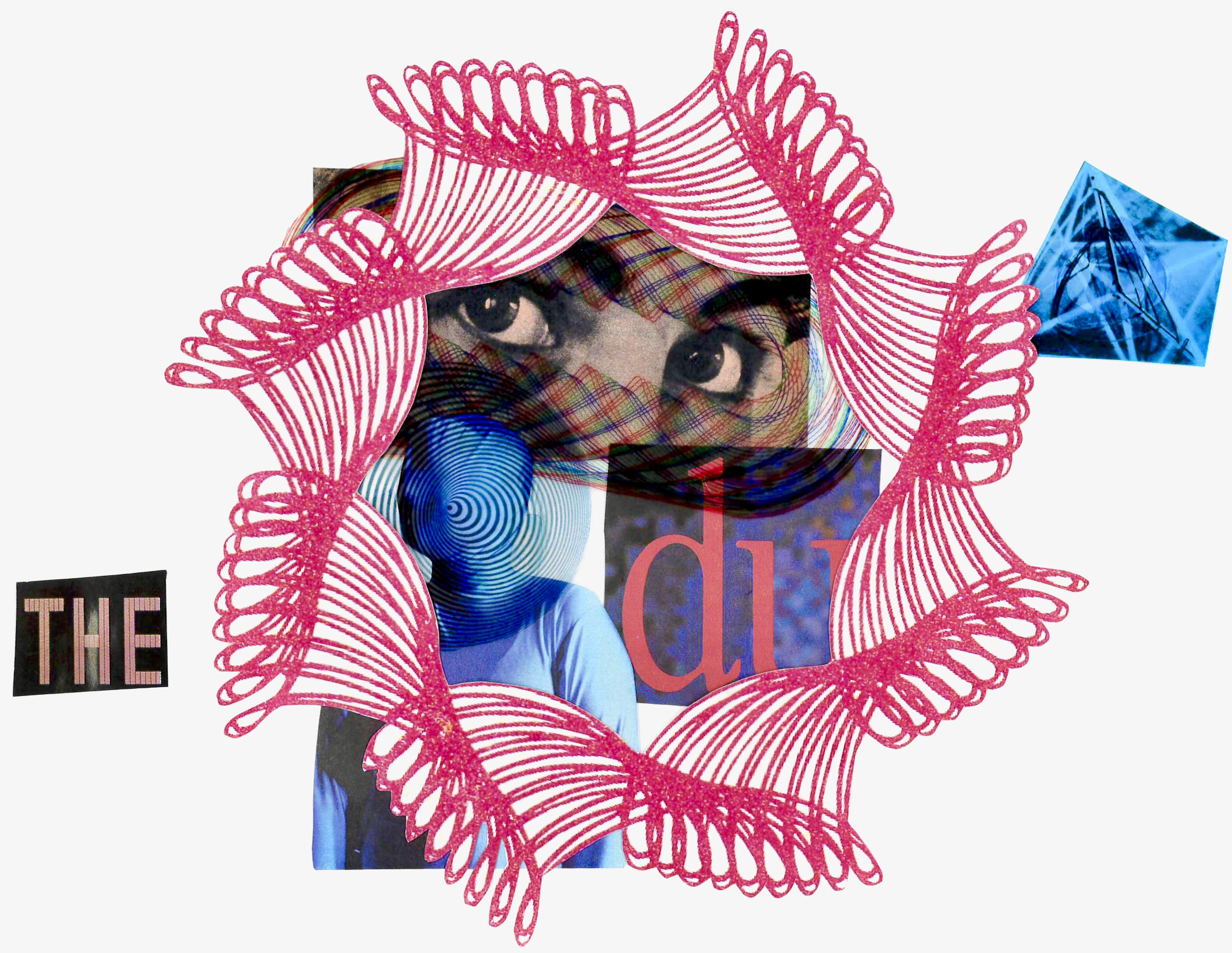 Die Abbildung zeigt verschiedene Grafiken, die ausgeschnitten und neu zu einer Collage zusammengefügt wurden. Erkennbar sind ein Augenpaar, eine nicht identifizierbare Person, das Wort du, das Wort the. Zentriert wird die Abbildung durch einen abstrakten Ring, in sich verschlungener roter Linien. Farblich dominant ist außerdem Blau.