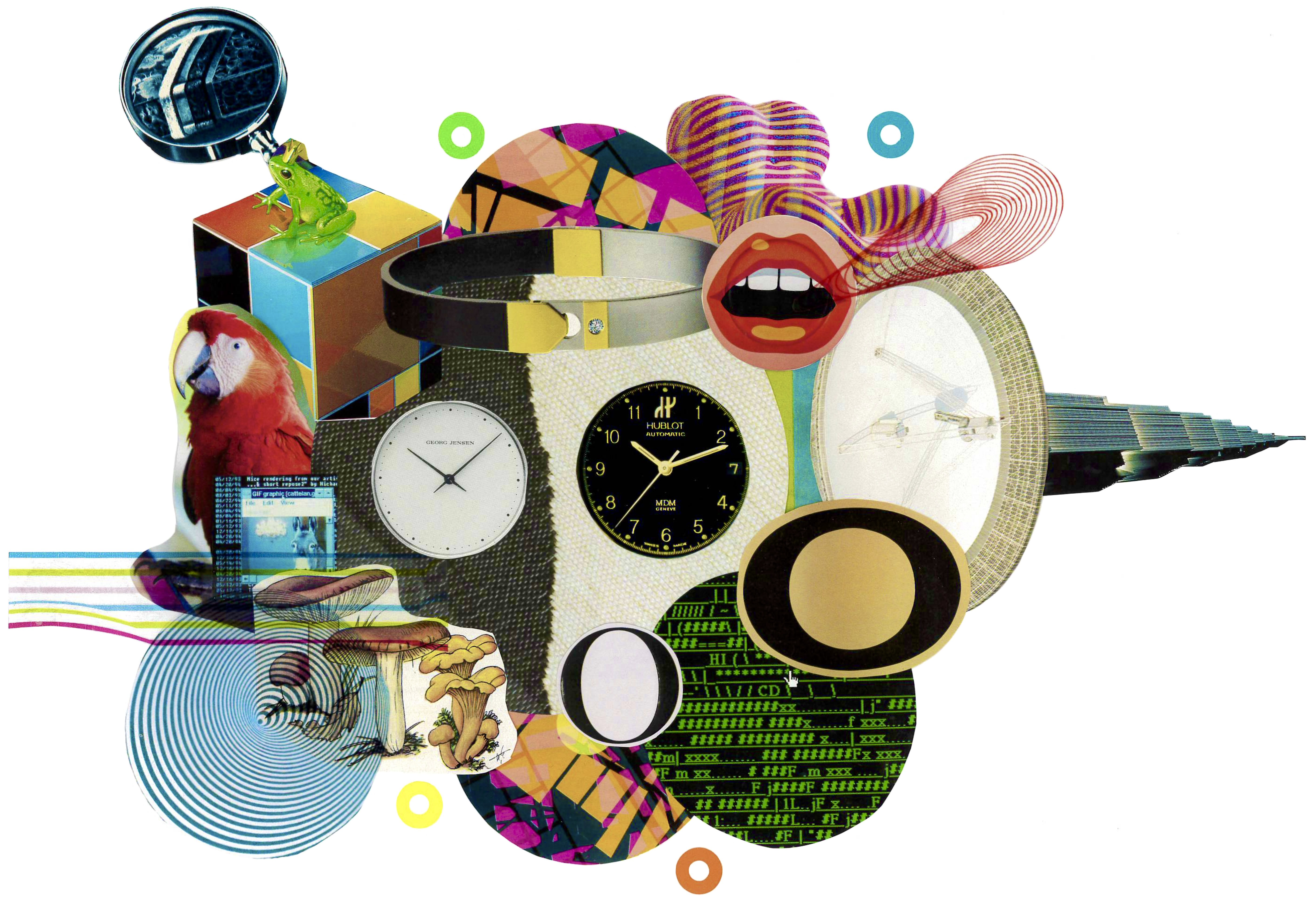 Die Abbildungs zeigt verschiedene Grafiken, die ausgeschnitten und neu zu einer Collage zusammengefügt wurden. Erkennbar sind Pilze, ein Frosch, ein Papagei, ein offener Mund, eine Uhr, eine Lupe, ein Wolkenkratzer, eine Satellitenschüssel, Zeilen von Code, ein Gürtel, der Buchstabe O. Die Form des Kreises findet sich vielfach wieder. Die Collage ist sehr bunt. Farblich dominant sind Rot, Grün, Beige und Pinktöne.